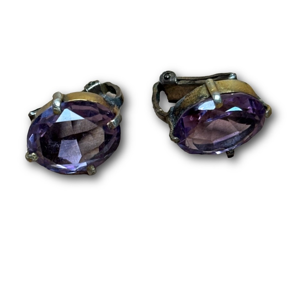 Vintage Amethyst Clip-On Earrings with Floral Brass Backing